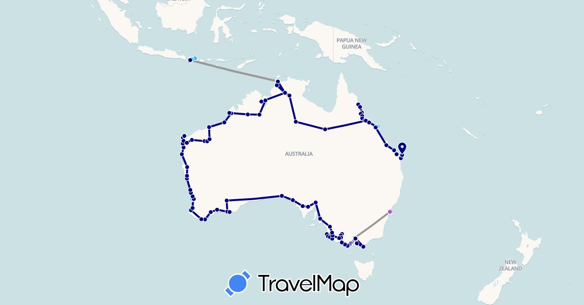 TravelMap itinerary: driving, bus, plane, train, boat in Australia, Indonesia (Asia, Oceania)